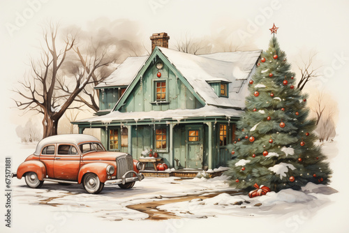 Vintage Christmas illustration  cozy home  old house  big Christmas tree  moody evening  winter scenery