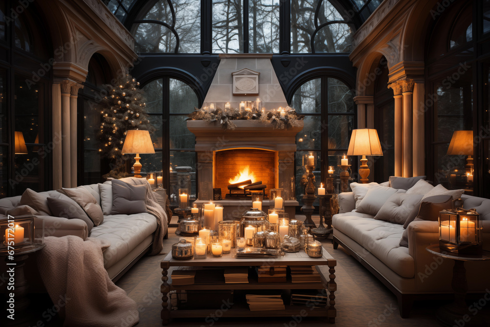 Luxury Christmas living room, winter mansion, cozy evening, Christmas tree, toned colors,  - obrazy, fototapety, plakaty 