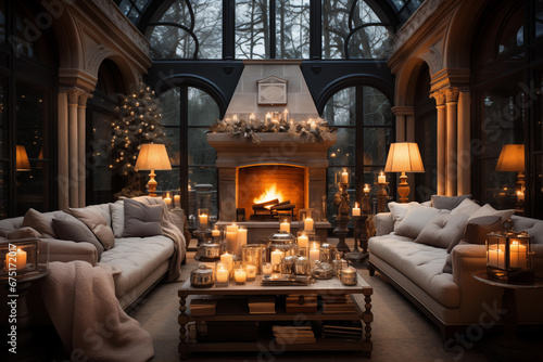 Fototapet Luxury Christmas living room, winter mansion, cozy evening, Christmas tree, tone