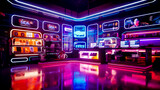 Room filled with lots of different types of electronic devices and neon light.