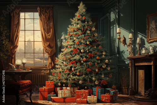 Vintage Christmas illustration, cozy home, old house, big Christmas tree, moody evening, winter scenery