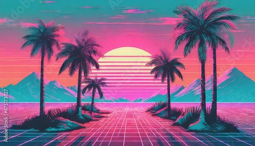 Outrun Synthwave style - 1990s retro aesthetic with palm trees and tropical sunset in pink and blue photo