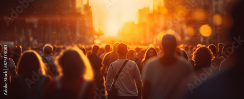 A Crowd of People Crosses the Street in the Heart of the City During Sunset, Capturing the Dynamic Energy of Urban Life. photo