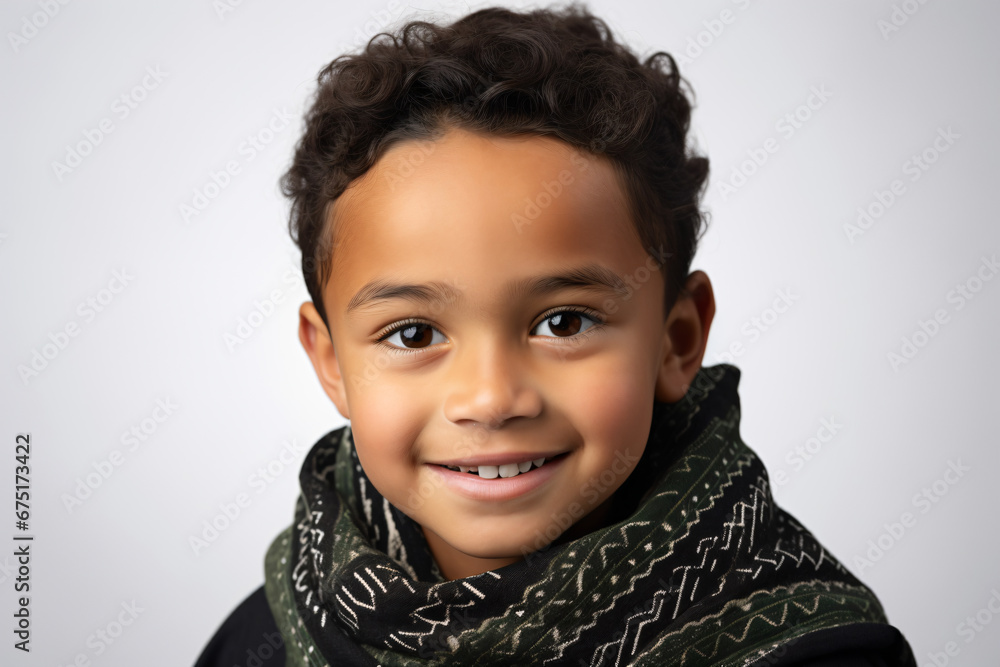 a young boy wearing a scarf and smiling a young boy wearing a scarf and smiling