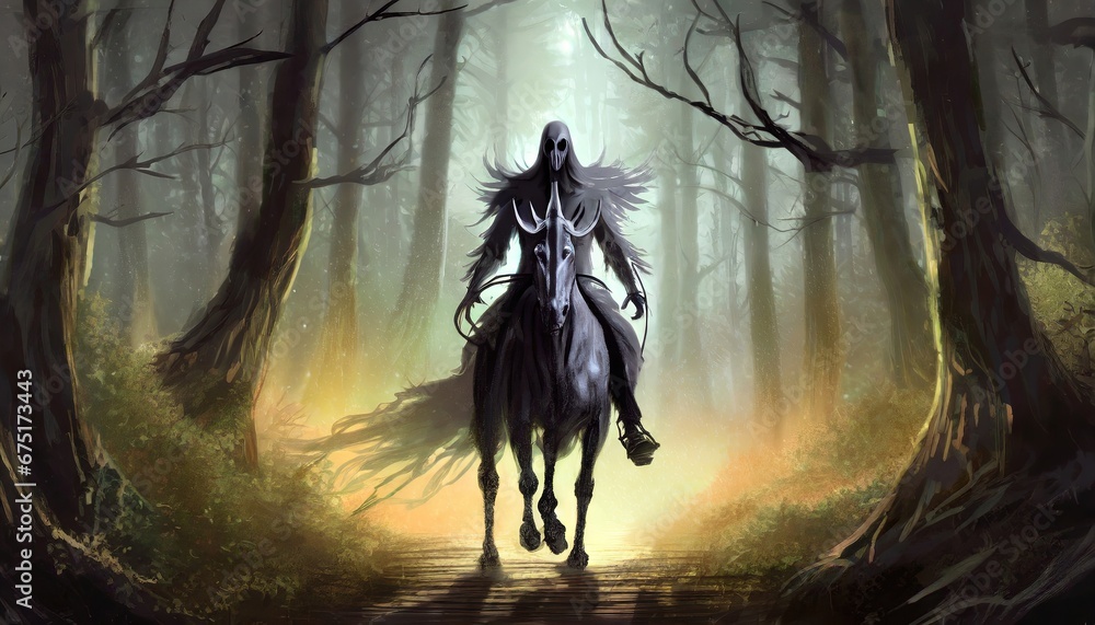 Ghost rider - ghastly figure on a ghoulish horse riding in the forest - obrazy, fototapety, plakaty 