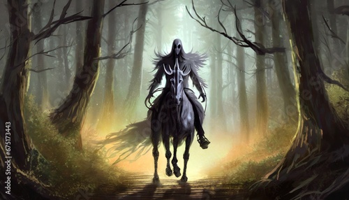 Ghost rider - ghastly figure on a ghoulish horse riding in the forest