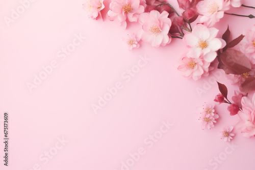 Elegant Floral Banner: Wedding, Mothers, and Women's Day Greeting Card on a Soft Pink Background. A Springtime Composition with Ample Copy Space in a Flat Lay Style