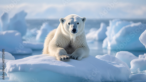 A polar bear on a shrinking ice floe  with the vast open ocean as the background context  during the Arctic s summer ice melt