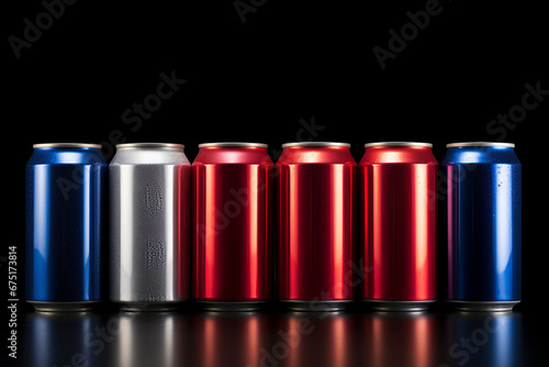 aluminum cans on blue background luminium cold cans staying in a group in fashionable color style. On the dark blue blurred background photo