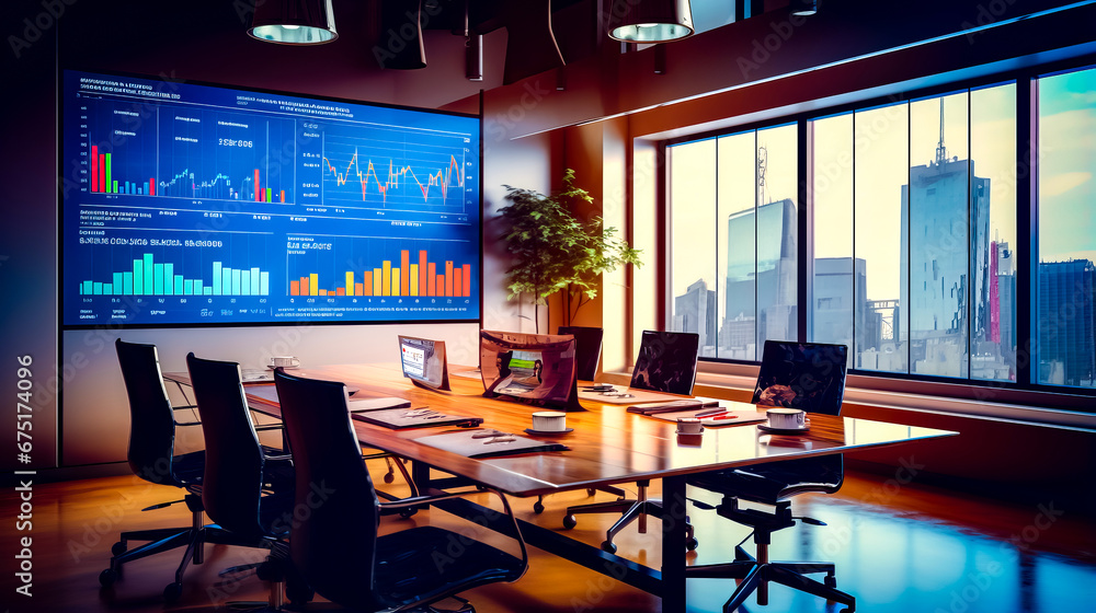 Conference room with large screen and laptop on desk in front of it. Conference room with large screen and laptop on desk in front of it.