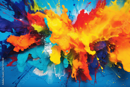 Explosive Array of Ink Splatters Adds Vibrant Chaos to the Canvas, Orange yellow, dark blue and dark purple bubble oil. Full frame of multi size oil droplet. © MD Media
