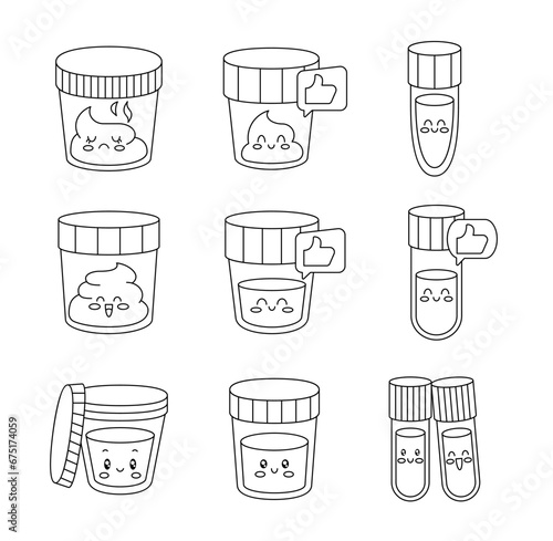 Cute laboratory medical analysis test characters. Coloring Page. Poop in plastic bag. Smiling face emotion. Hand drawn style. Vector drawing. Collection of design elements.