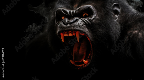 Silverback - adult male of a gorilla face. A gorilla appears to be angry, mouth open, yawning photo