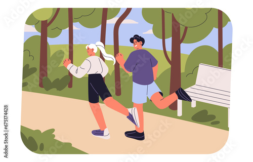 Runners jogging in park together. Couple of joggers do sports outdoor. People do cardio exercises, running partners keep their body, health. Active morning in nature. Fitness flat vector illustration