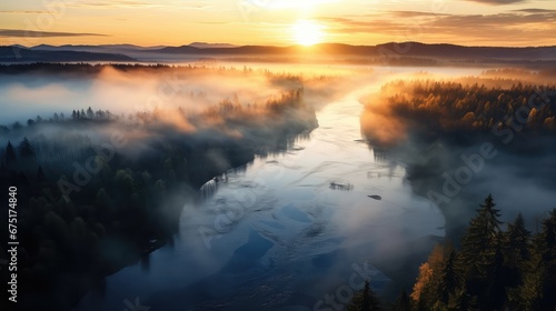 morning sunshine river mist landscape illustration lake sky, park beautiful, outdoor wild morning sunshine river mist landscape