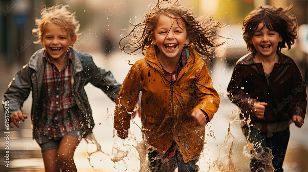 Children in rain jackets happily run through puddles - obrazy, fototapety, plakaty 