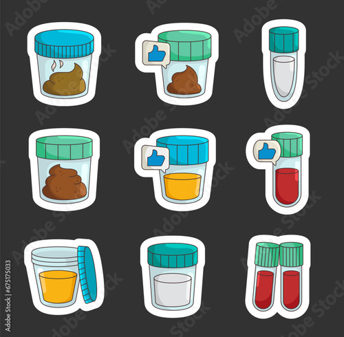 Medical analysis laboratory test. Sticker Bookmark. Stool and urina examination. Hand drawn style. Vector drawing. Collection of design elements.