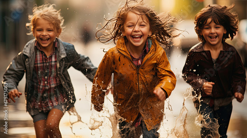 Children in rain jackets happily run through puddles
