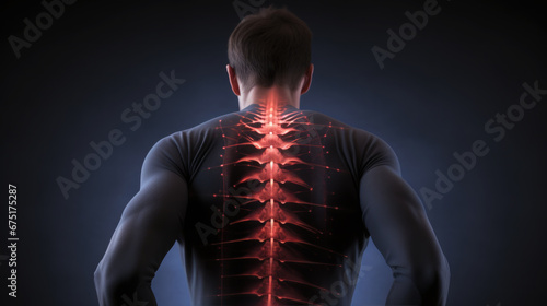 back of an adult man with a red sore spine, pain, inflammation, disease, treatment, arthritis, osteochondrosis, pain relief, medicine, people, person, bones, dark background, male body, anatomy