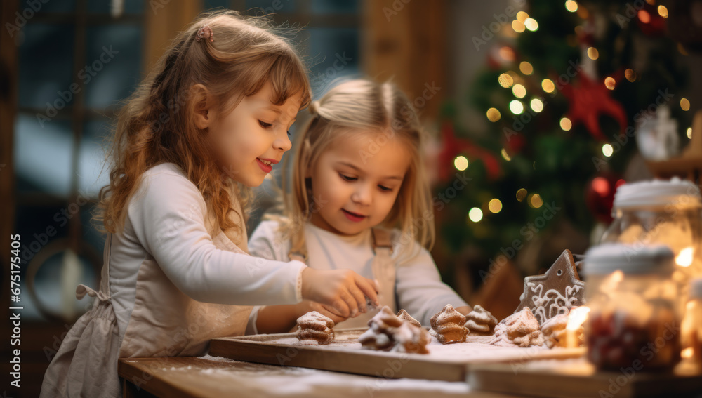 A woman and a little girl making cookies together. baking christmas cookies with his children, winter holiday, homemade gingerbread, family time A woman and a little girl making cookies together. baking christmas cookies with his children, winter holiday, homemade gingerbread, family time