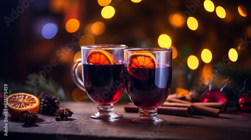 Mulled red wine with spices and citrus fruits. Traditional hot drink at Christmas time. on a wooden table on a backdrop of Christmas lights. Traditional hot Christmas drink photo