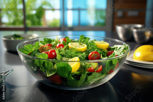 Seasonal summer vegetable salad in a glass bowl. Vegan organic food  dietary meal in a rustic style