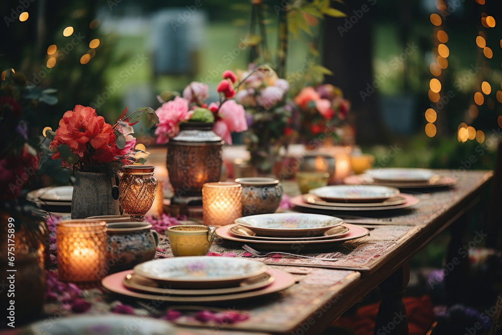 Wooden rustic table set with vintage dishes against bokeh background in the evening. Generated by artificial intelligence