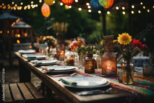 Setting a wooden table with plates, vases with flowers, napkins in the evening on the street against the backdrop of festive lights. Generated by artificial intelligence