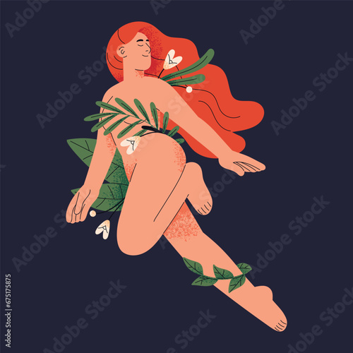 Redhead naked woman with flower fly. Plants wrap around nude girl with natural beauty. Female love herself, self care. Feminine sexuality. Body acceptance concept. Flat isolated vector illustration