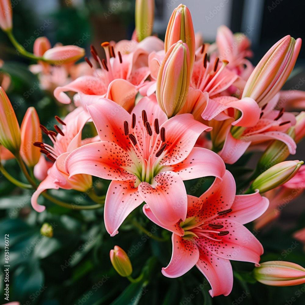 Beautiful coral pink lily flowers with green leaves