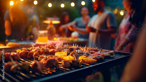Close up of grill with meat and vegetables on it with people in the background.