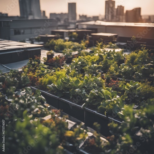 A vibrant rooftop garden filled with plants and surrounded by solar panels.
