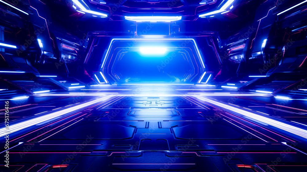 Sci - fi tunnel with neon lights and blue light at the end. Sci - fi tunnel with neon lights and blue light at the end.