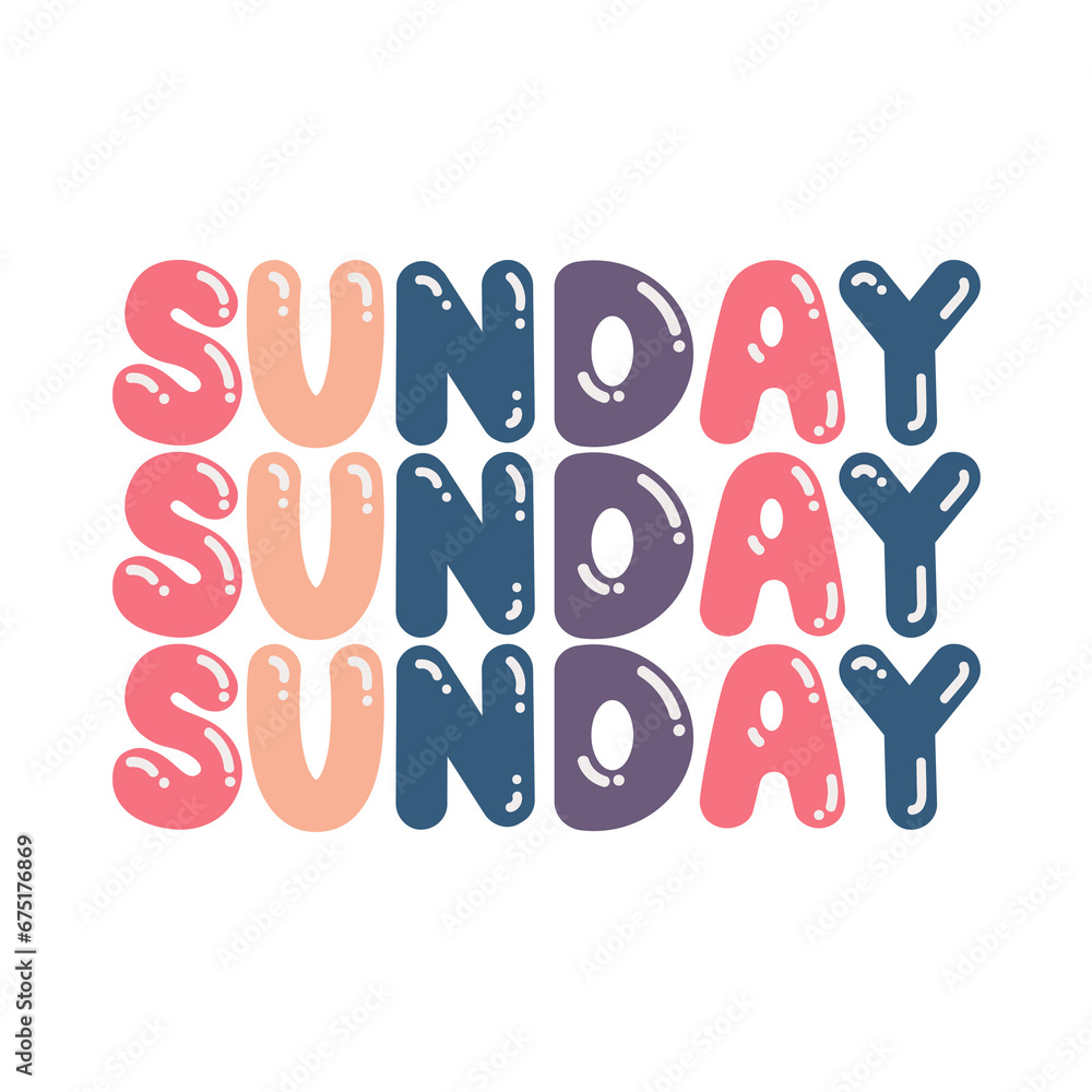 The word “Sunday” is written in a playful, bubble-like font with colors pink, orange, and purple on a white background. 3 rows