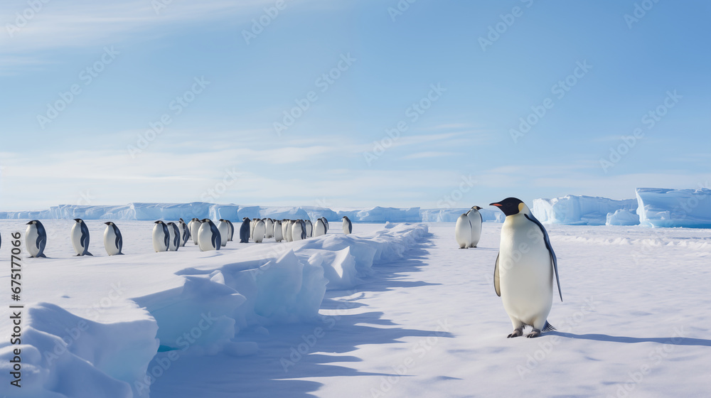 Emperor's Exodus: A Breathtaking Mass Migration as Penguins Journey into the Golden Sea. AI generated.