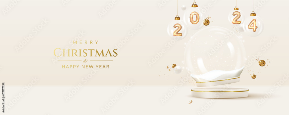 Christmas and New Year greeting card with transparent snow globe and balls with golden realistic metallic numbers. - obrazy, fototapety, plakaty 