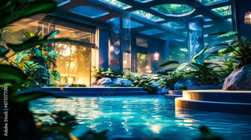 Indoor swimming pool surrounded by greenery and large window with view of the outside.