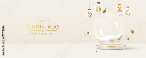 Christmas and New Year greeting card with transparent snow globe and balls with golden realistic metallic numbers.