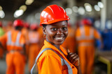 a woman in an orange hard hat and orange overalls