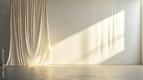 Empty room with white curtain and white chair in front of it.