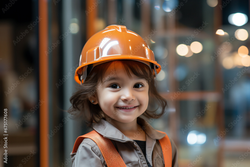 a little girl wearing a hard hat and vest a little girl wearing a hard hat and vest