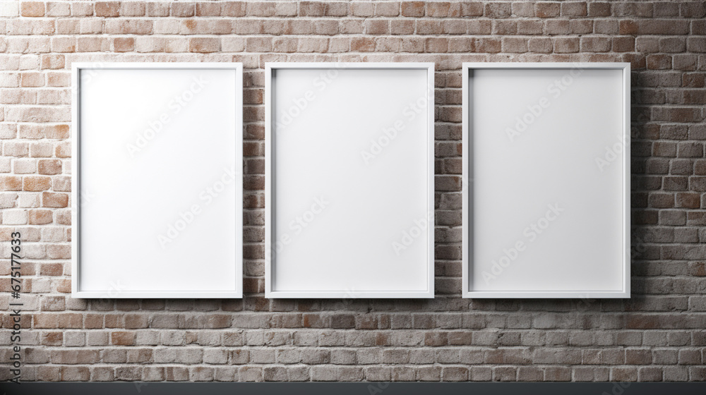 Three paintings on a brick wall Three paintings on a brick wall