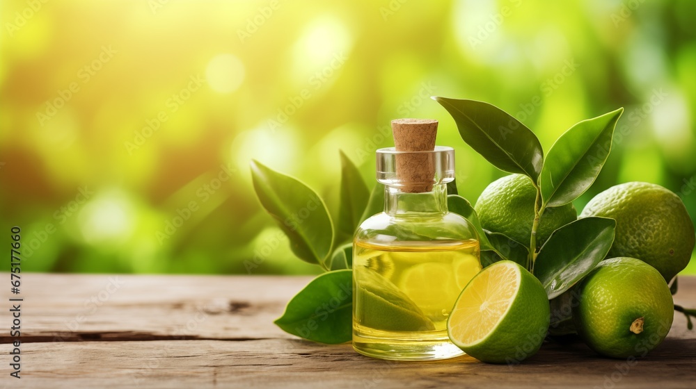 Small glass bottle of lemon essential oil on a wooden table, with real lime and lemon nearby Small glass bottle of lemon essential oil on a wooden table, with real lime and lemon nearby