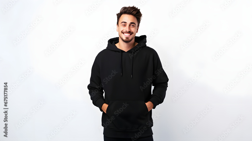 Young smiling happy unshaven caucasian man wear black hoody look camera point index finger aside indicate on workspace area copy space mock up isolated on plain solid white background studio portrait Young smiling happy unshaven caucasian man wear black hoody look camera point index finger aside indicate on workspace area copy space mock up isolated on plain solid white background studio portrait