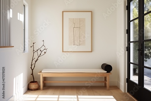 Simplified entryway  white walls  singular coat hook  one statement bench for seating  understated mat