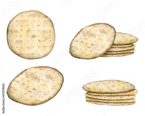 Passover round matzah watercolor illustration set isolated on white. Jewish matzos bread for Pesach holiday seder photo