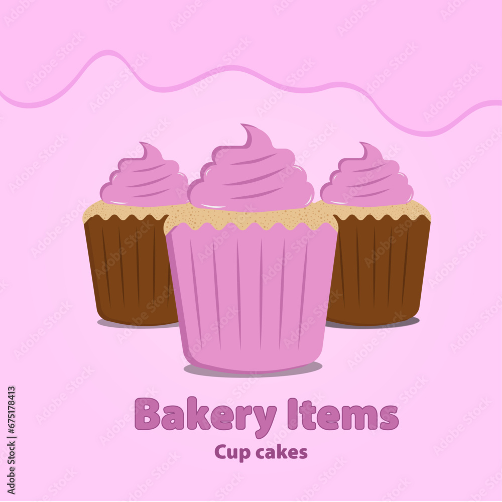Three cup cakes flat style vector illustration, bakery items poster. Three cup cakes flat style vector illustration, bakery items poster.