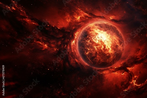 A fiery planet in outer space. Generative AI
