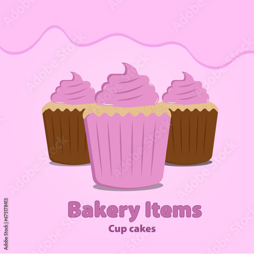 Three cup cakes flat style vector illustration  bakery items poster.