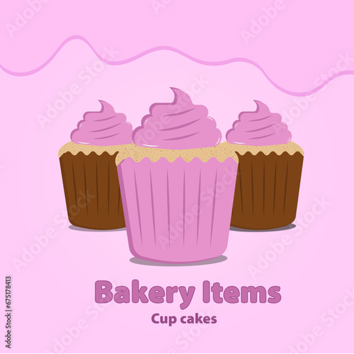 Three cup cakes flat style vector illustration, bakery items poster.
